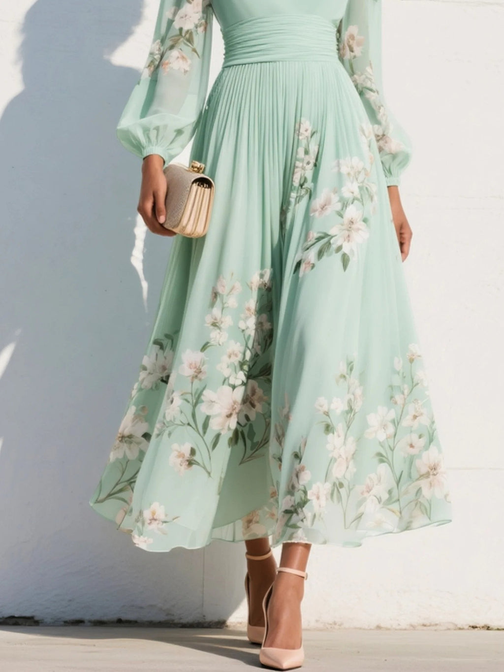 Women’s Floral Midi Dress Elegant V-Neck with Balloon Sleeves 4