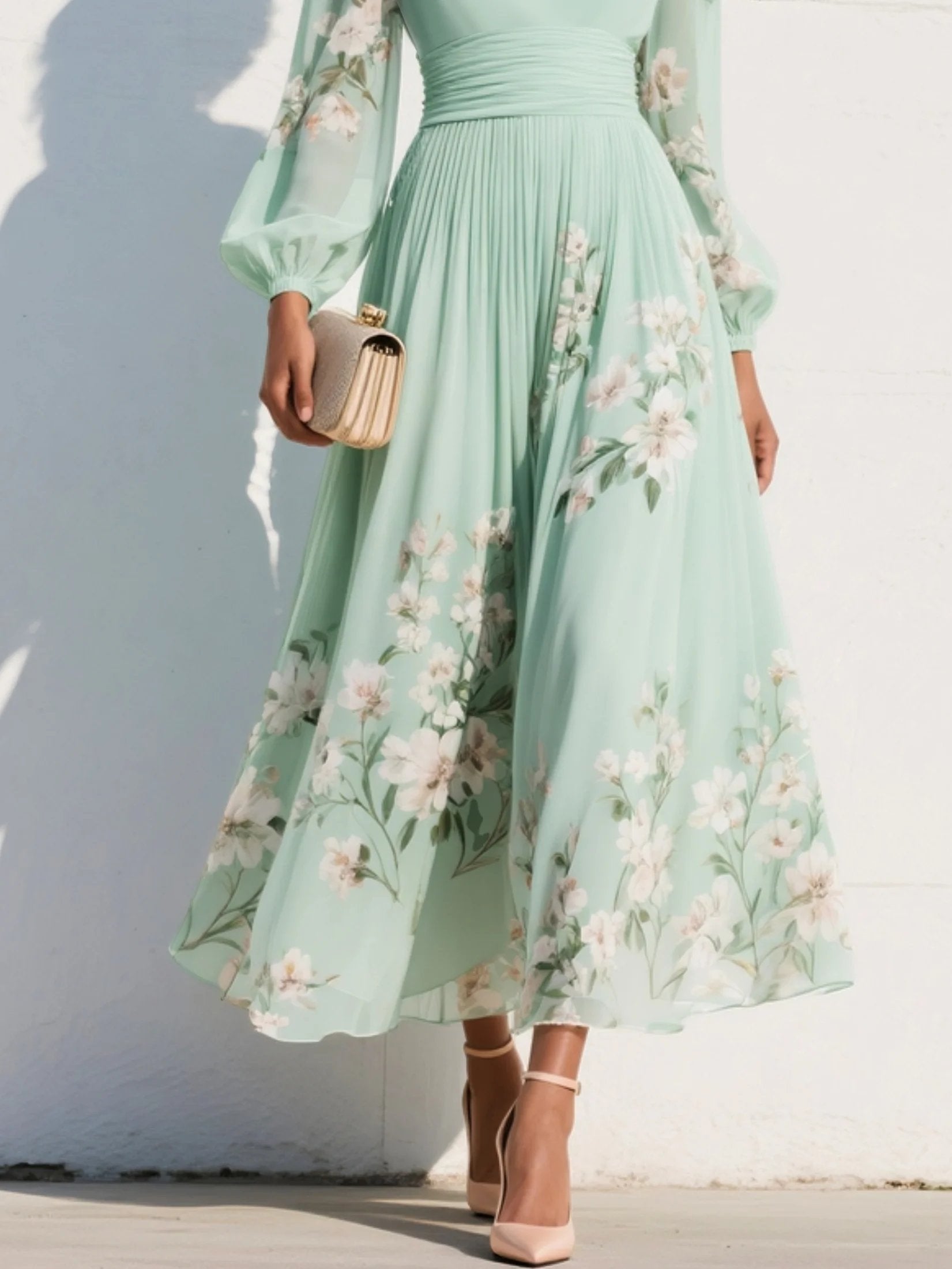 Women’s Floral Midi Dress Elegant V-Neck with Balloon Sleeves 4