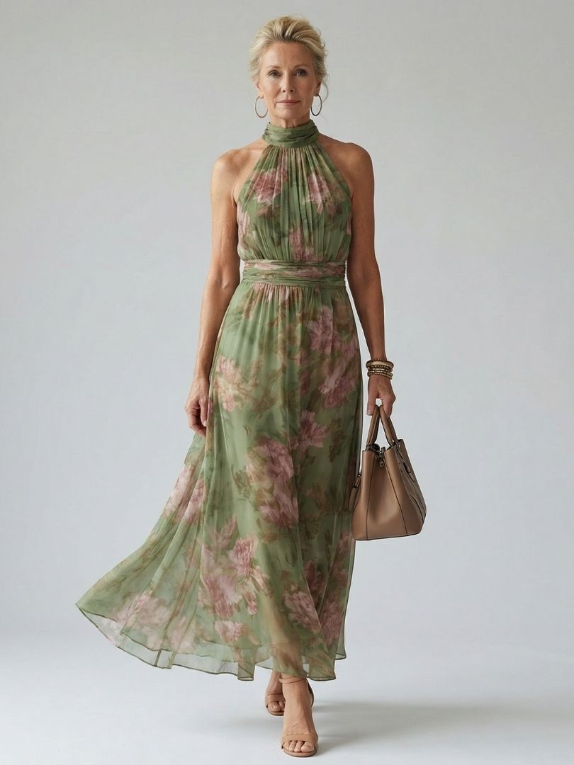 Women’s Floral Midi Dress Gathered Halter Neckline for Summer 0