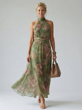 Women’s Floral Midi Dress Gathered Halter Neckline for Summer 0