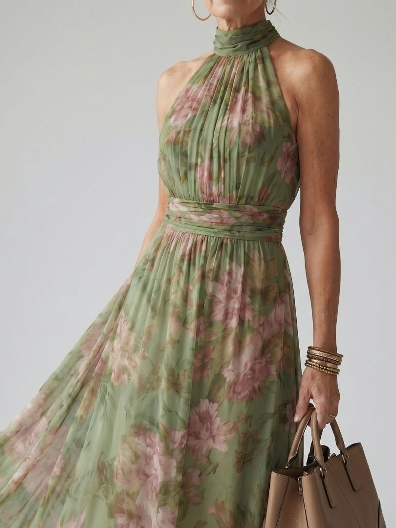 Women’s Floral Midi Dress Gathered Halter Neckline for Summer 1