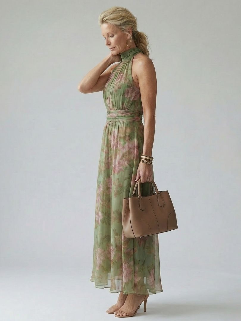 Women’s Floral Midi Dress Gathered Halter Neckline for Summer 2