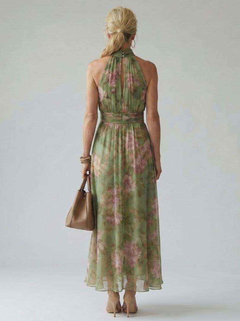 Women’s Floral Midi Dress Gathered Halter Neckline for Summer 3