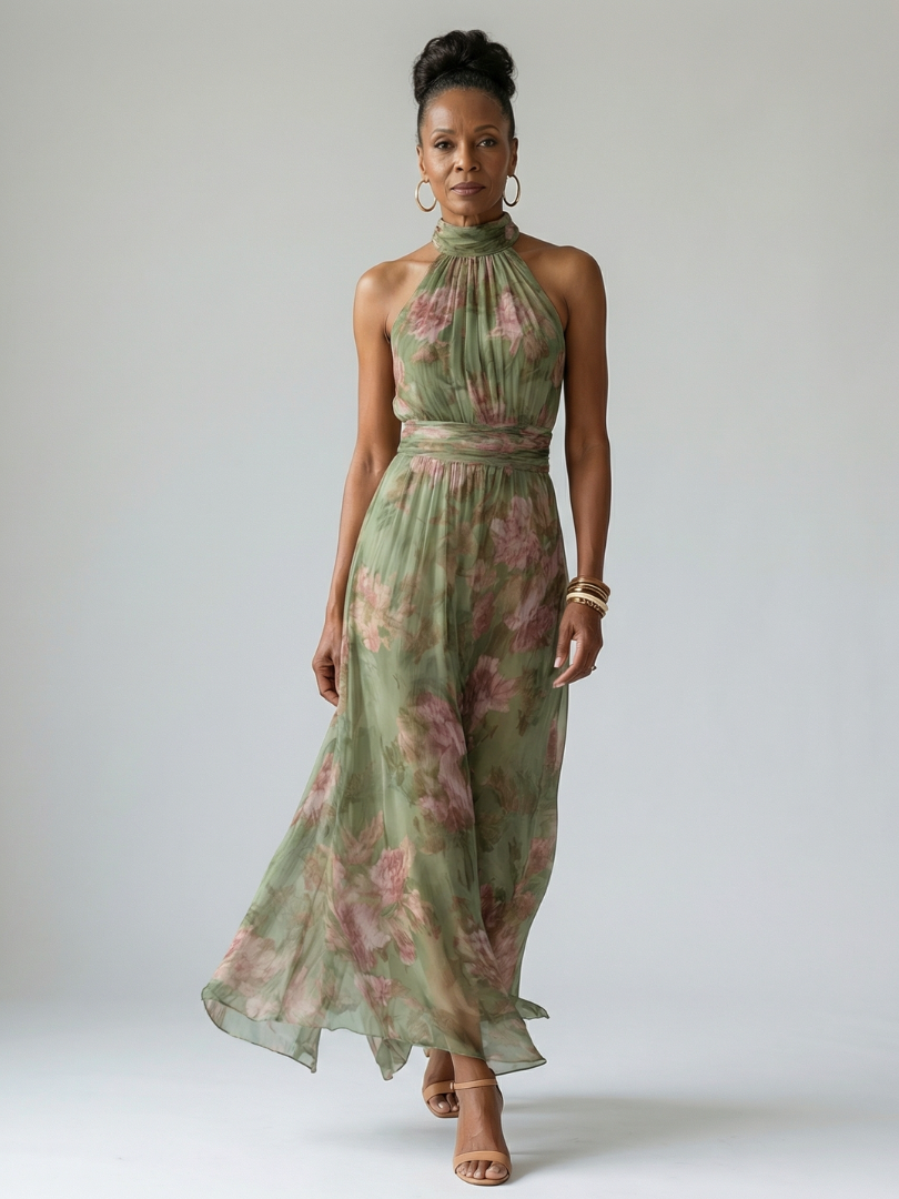 Women’s Floral Midi Dress Gathered Halter Neckline for Summer 4