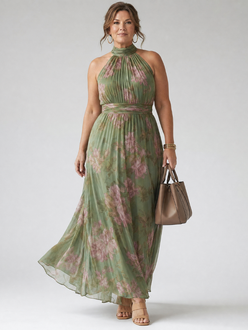 Women’s Floral Midi Dress Gathered Halter Neckline for Summer 5