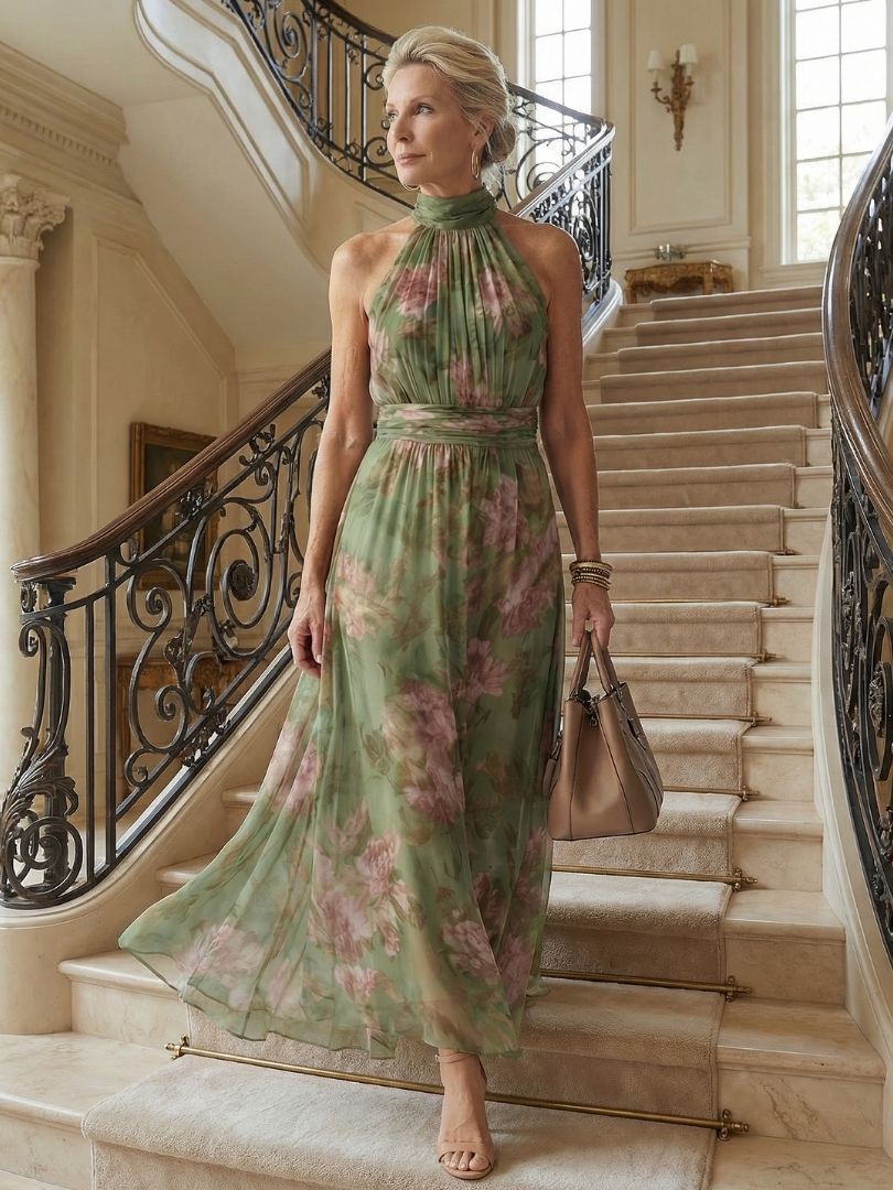 Women’s Floral Midi Dress Gathered Halter Neckline for Summer 6