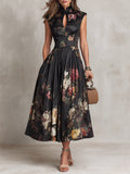 Women’s Floral Midi Dress Keyhole Collar Satin Design 0