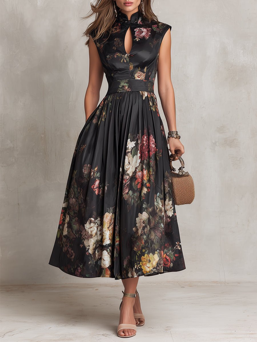 Women’s Floral Midi Dress Keyhole Collar Satin Design 0