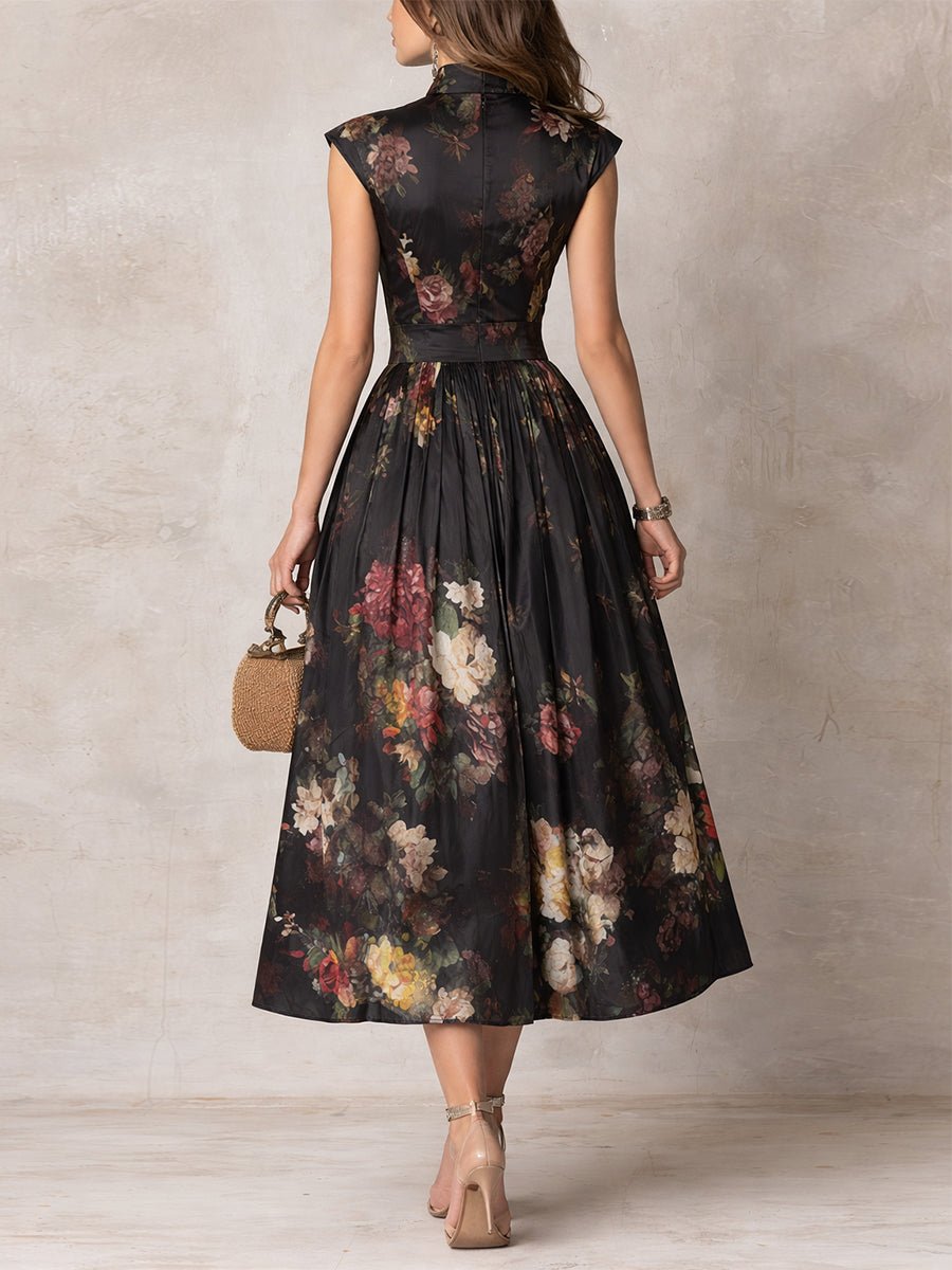 Women’s Floral Midi Dress Keyhole Collar Satin Design 1