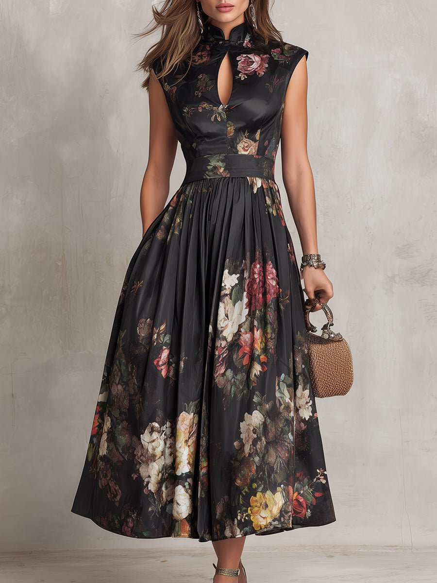 Women’s Floral Midi Dress Keyhole Collar Satin Design 2