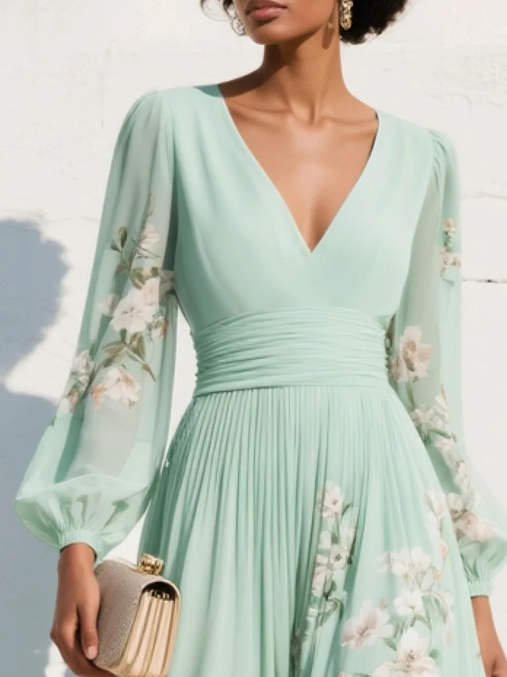 Women’s Floral Midi Dress Lightweight Chiffon with V-Neck Design 3