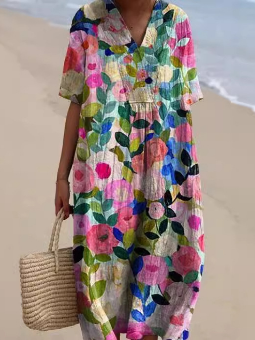 Women’s Floral Midi Dress Lightweight Short Sleeve Relaxed Fit 0