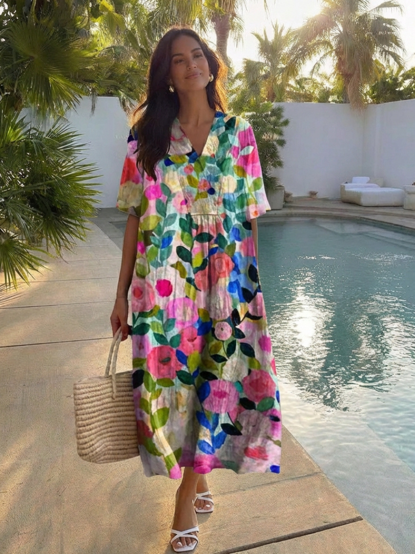 Women’s Floral Midi Dress Lightweight Short Sleeve Relaxed Fit 1