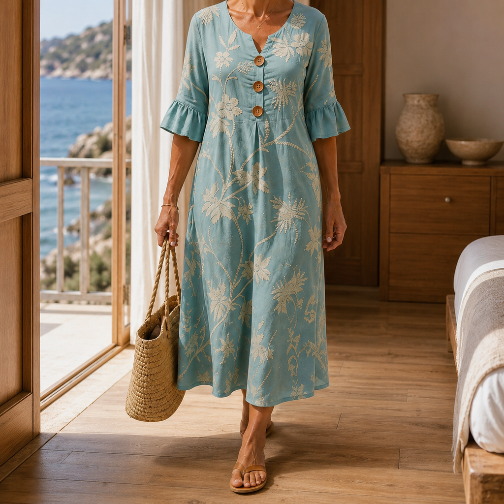 Women’s Floral Midi Dress Relaxed Fit with Notched Neckline 0