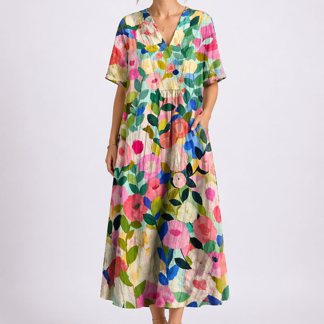 Women’s Floral Midi Dress V-Neck Short Sleeve Design 1