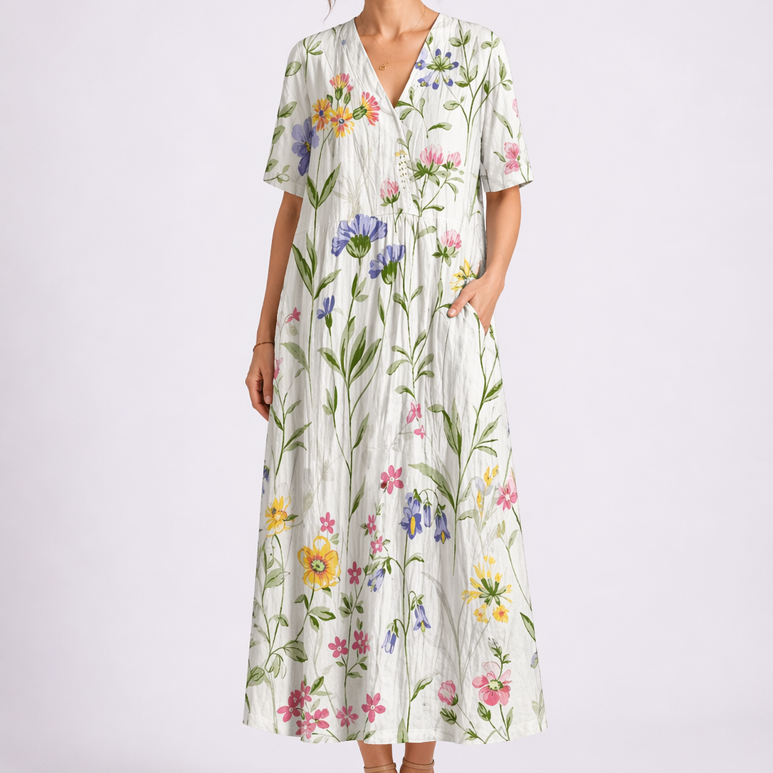 Women’s Floral Midi Dress V-Neck Short Sleeve Design 3