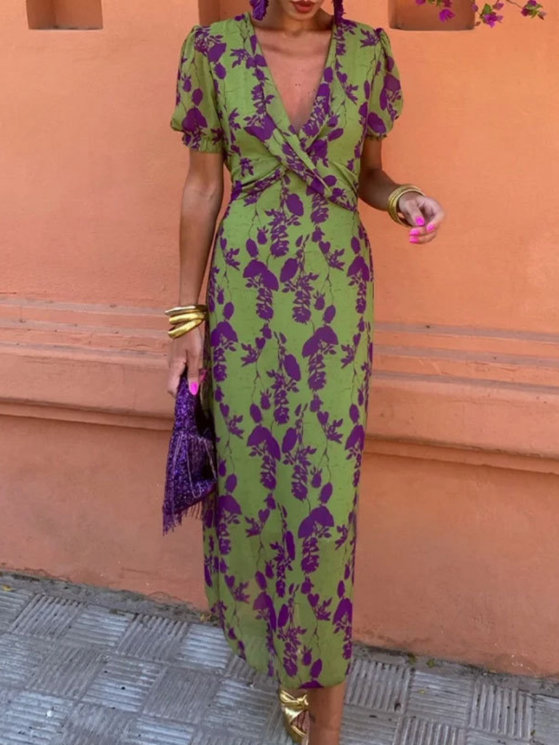 Women’s Floral Midi Dress V Neck Short Sleeve Summer Style 0