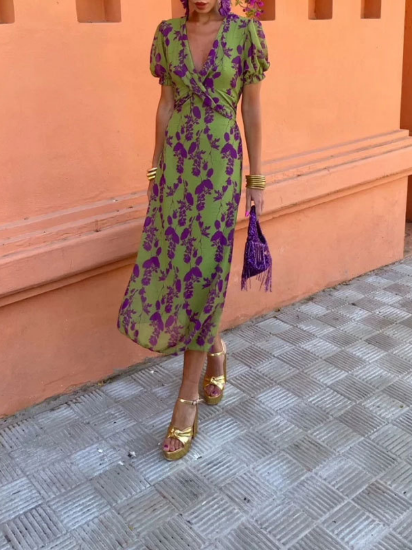 Women’s Floral Midi Dress V Neck Short Sleeve Summer Style 1