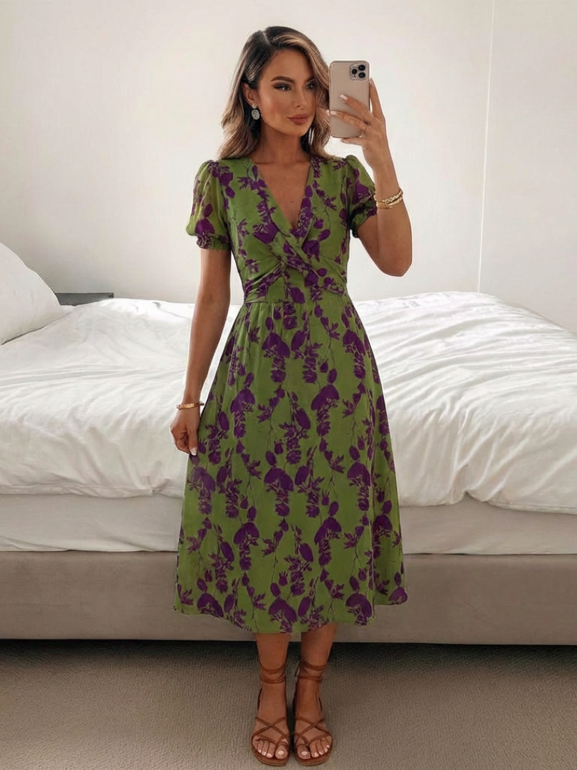 Women’s Floral Midi Dress V Neck Short Sleeve Summer Style 5