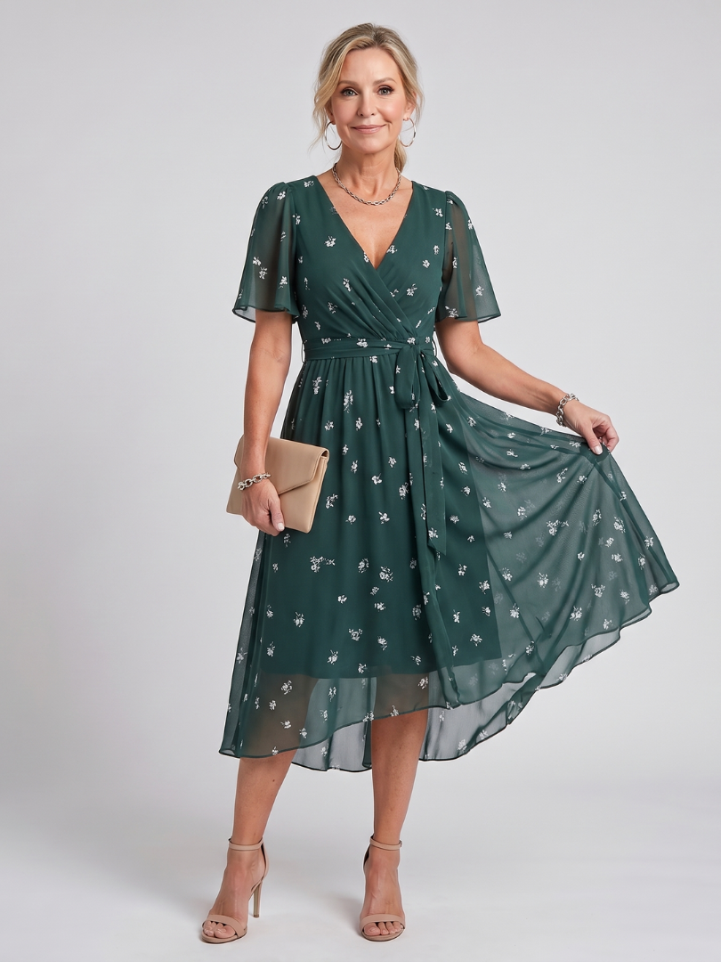 Women’s Floral Midi Dress with Flutter Sleeves and Gathered Waist 0