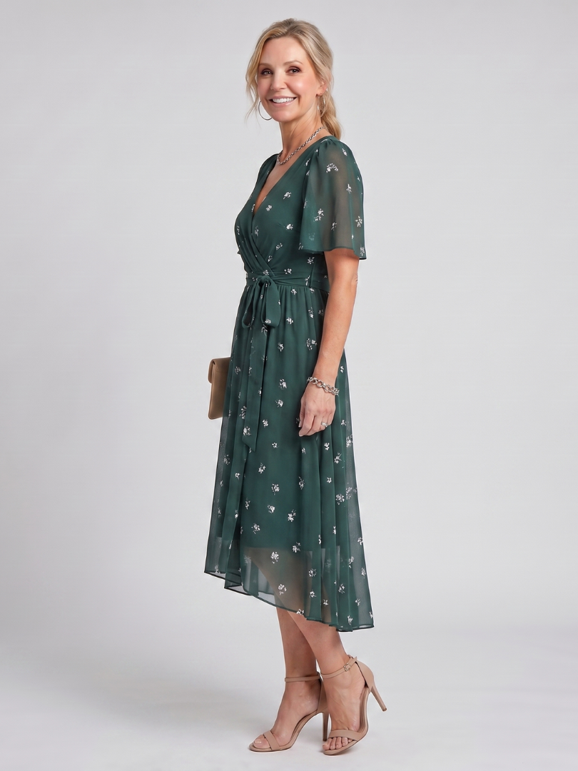 Women’s Floral Midi Dress with Flutter Sleeves and Gathered Waist 1