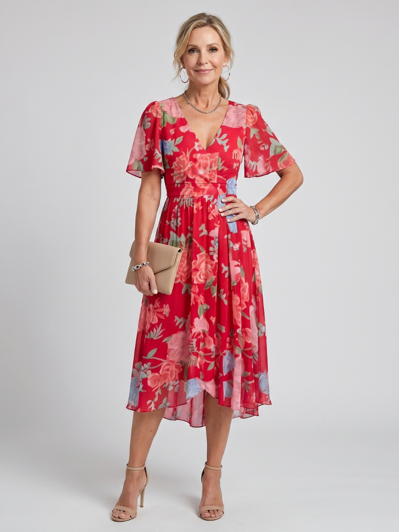 Women’s Floral Midi Dress with Flutter Sleeves and Gathered Waist 10