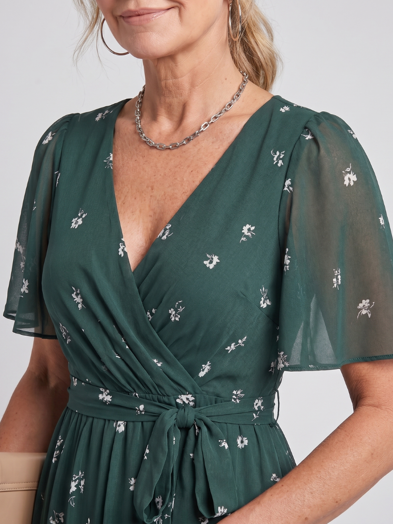 Women’s Floral Midi Dress with Flutter Sleeves and Gathered Waist 2