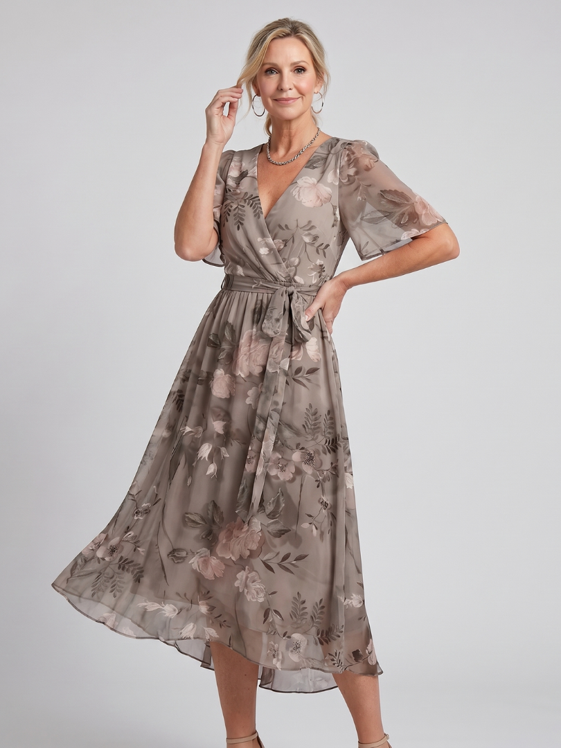 Women’s Floral Midi Dress with Flutter Sleeves and Gathered Waist 4
