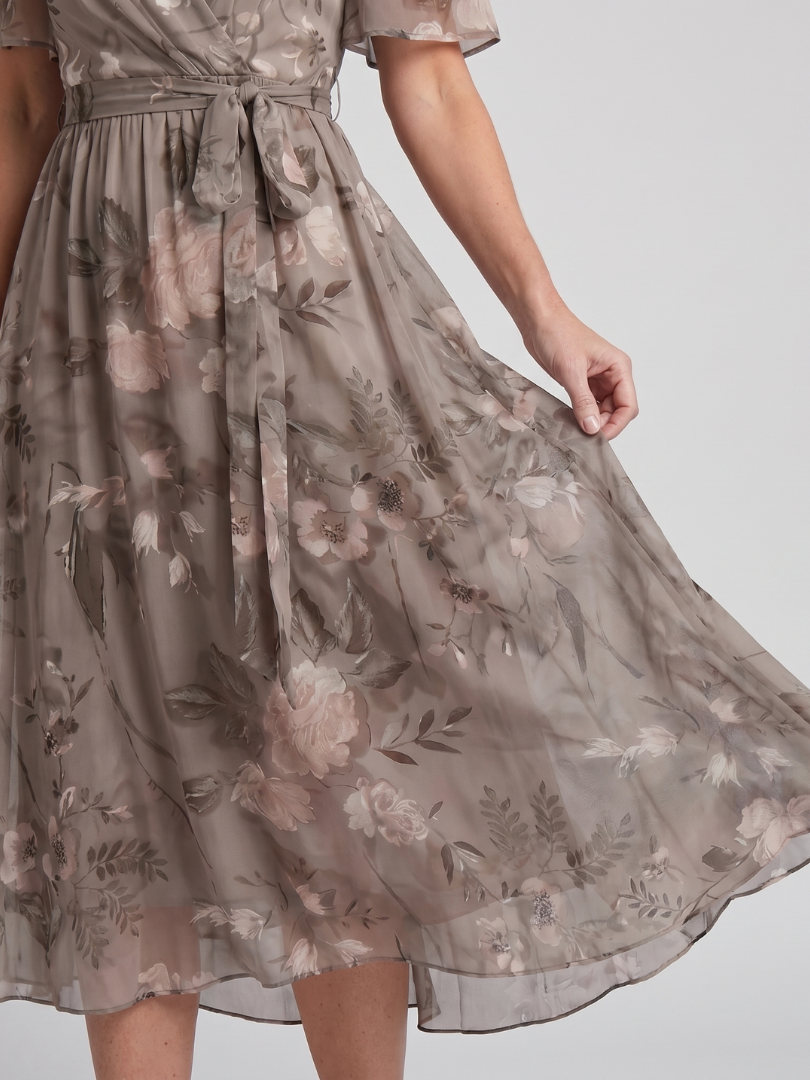 Women’s Floral Midi Dress with Flutter Sleeves and Gathered Waist 5