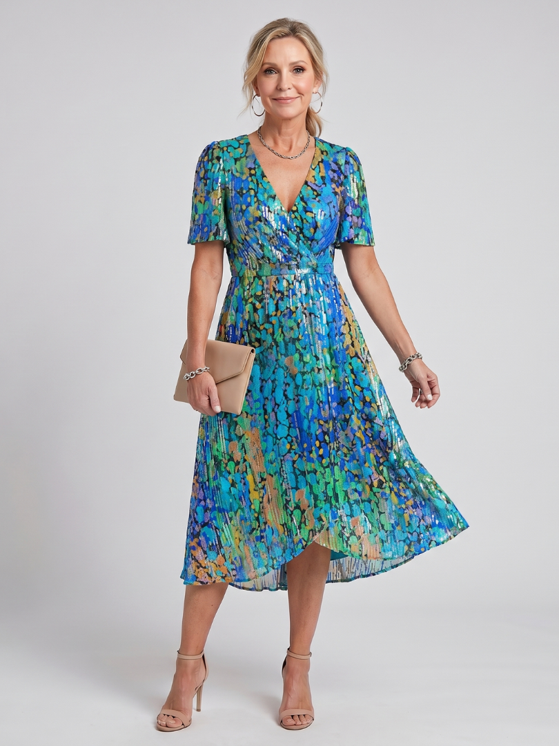 Women’s Floral Midi Dress with Flutter Sleeves and Gathered Waist 9