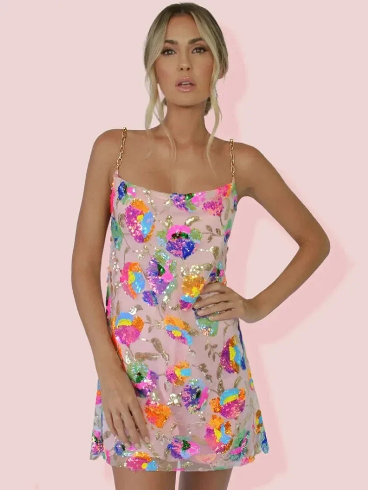 Women’s Floral Mini Dress Backless Design with Chain Straps 2