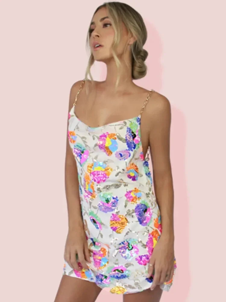 Women’s Floral Mini Dress Backless Design with Chain Straps 4