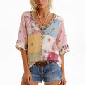 Women’s Floral Patchwork Blouse Relaxed V-Neck Style 0