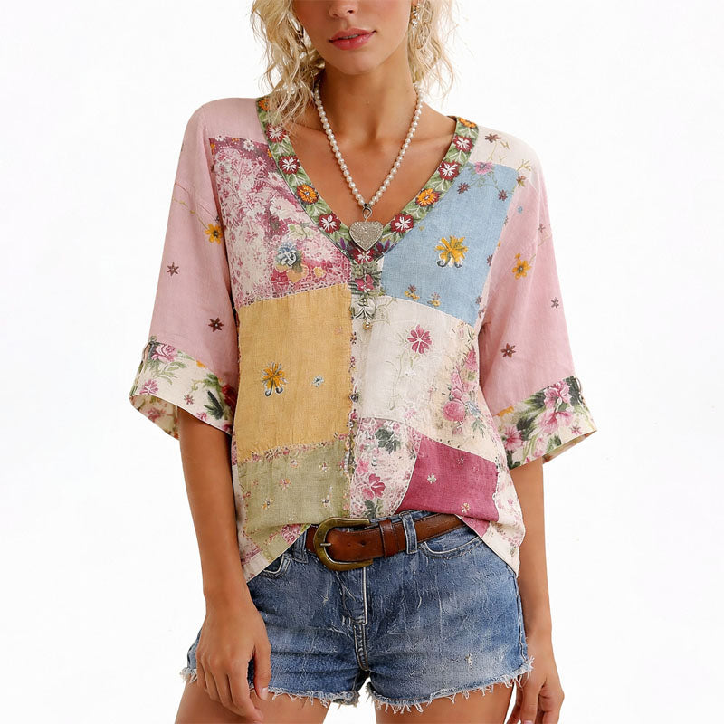Women’s Floral Patchwork Blouse Relaxed V-Neck Style 0
