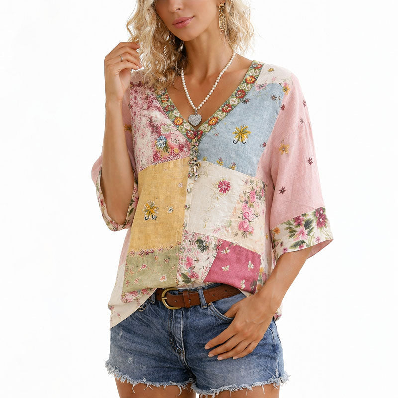 Women’s Floral Patchwork Blouse Relaxed V-Neck Style 1