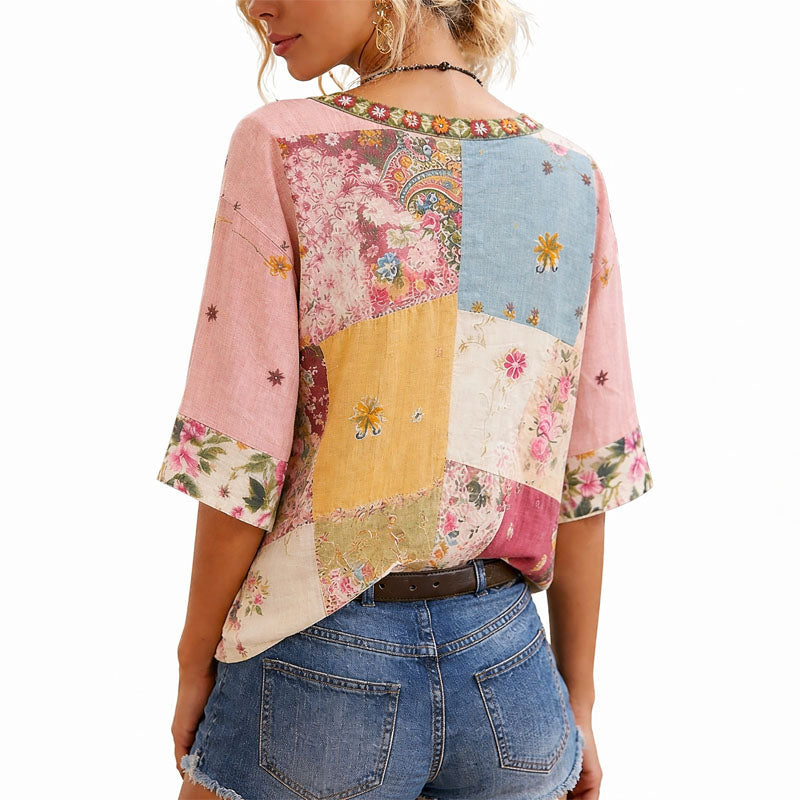 Women’s Floral Patchwork Blouse Relaxed V-Neck Style 2
