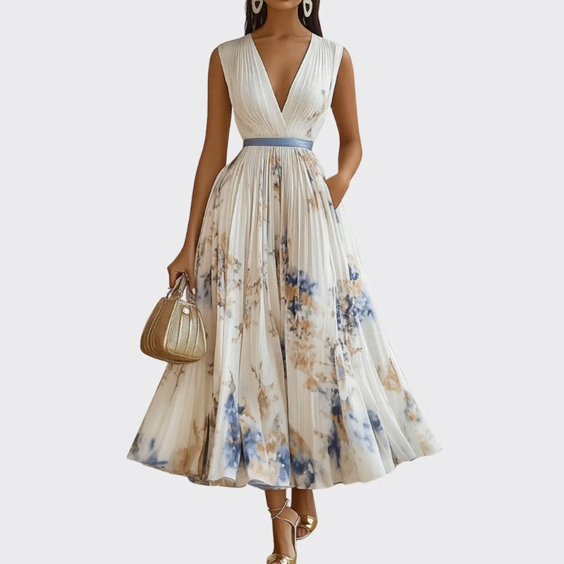 Women’s Floral Print Midi Dress Pleated Design 0