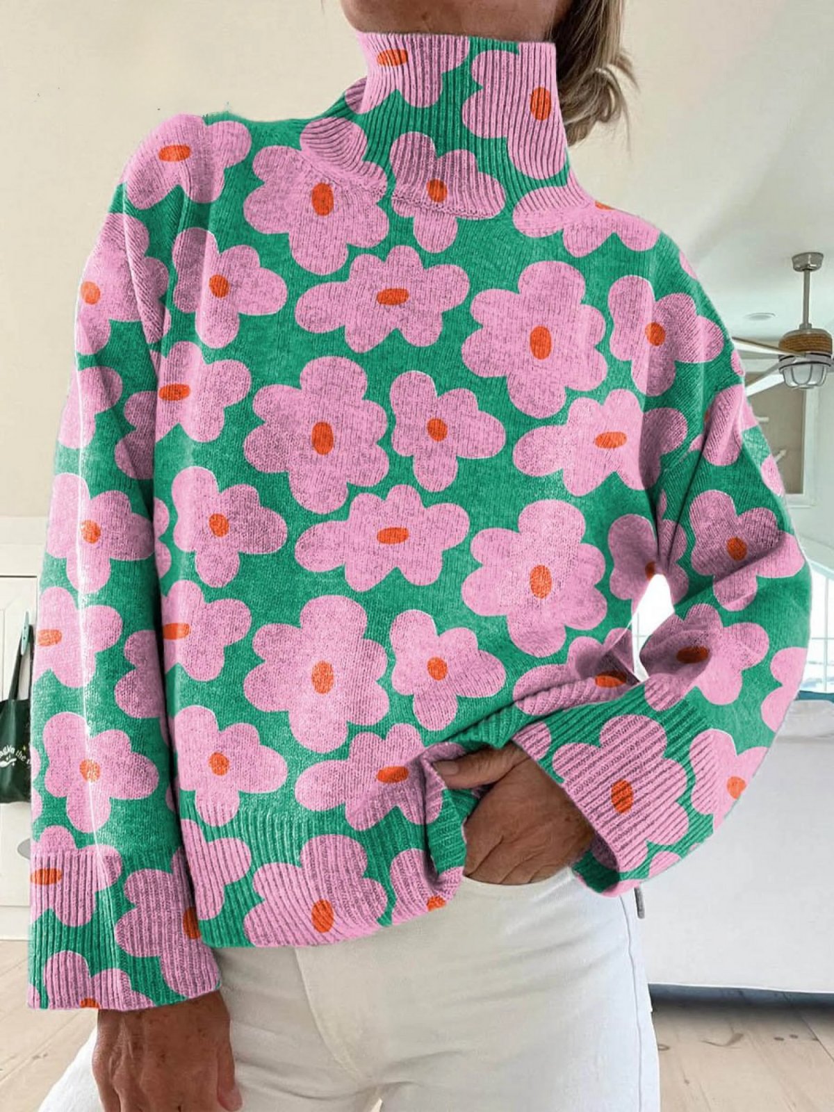 Women’s Floral Turtleneck Sweater Cozy Ribbed Knit Design 0
