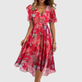 Women’s Floral V-Neck Midi Dress with Flowing Silhouette 0