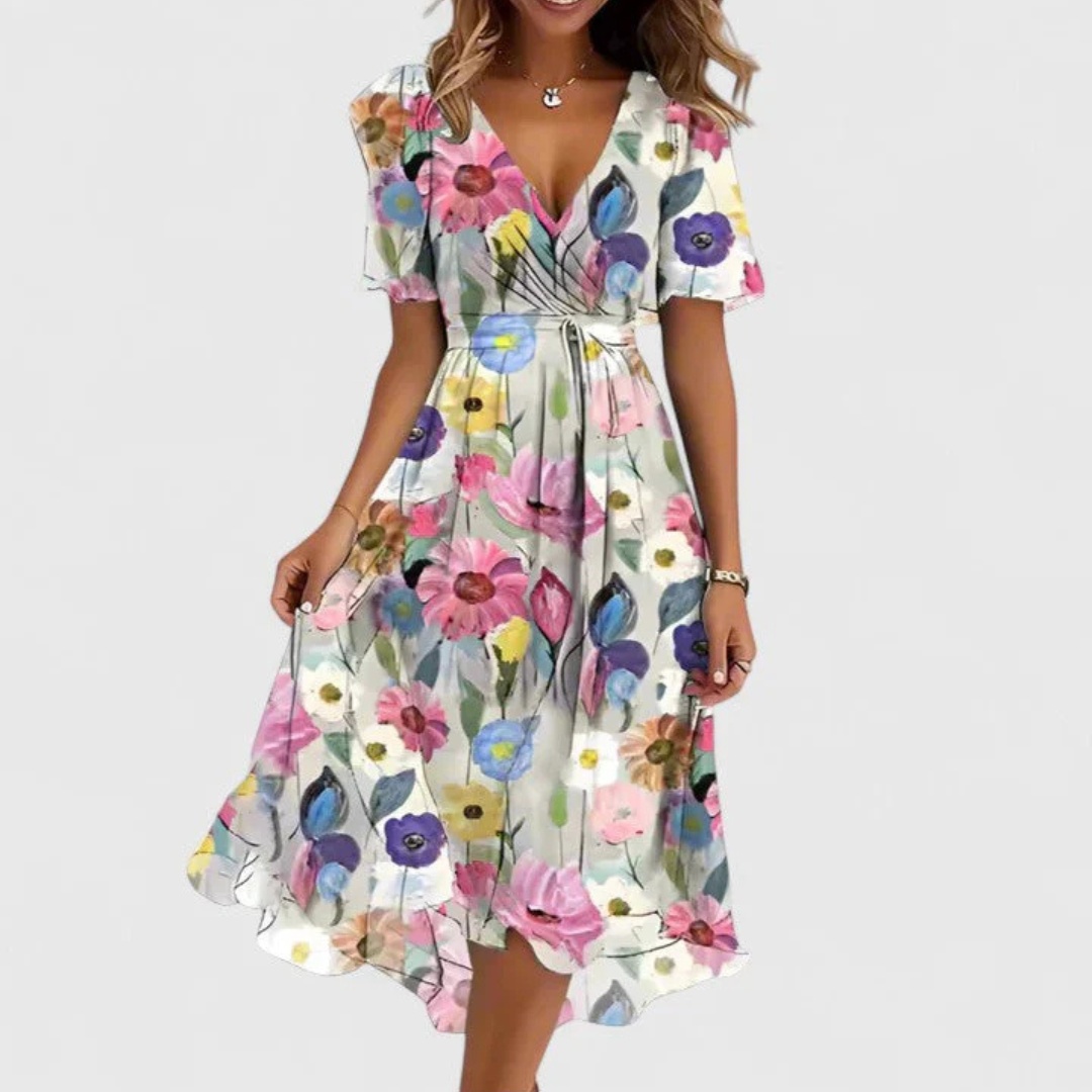 Women’s Floral V-Neck Midi Dress with Flowing Silhouette 1