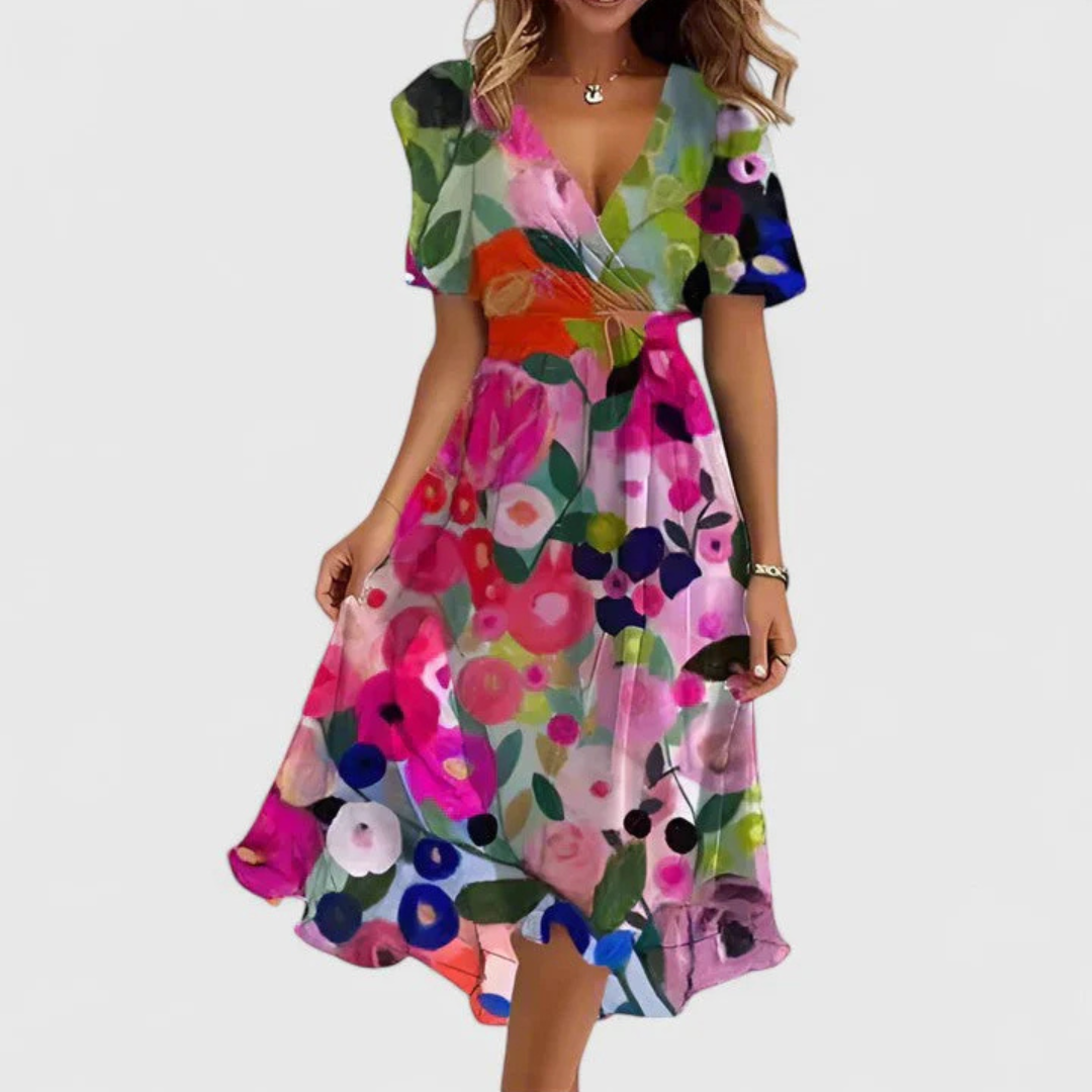Women’s Floral V-Neck Midi Dress with Flowing Silhouette 6