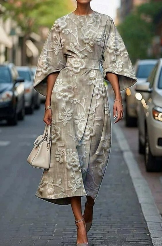 Women’s Formal Midi Dress Elegant Embroidery with Kimono Sleeves 0