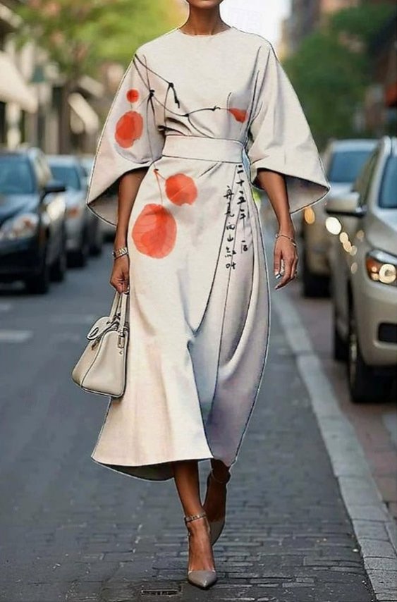 Women’s Formal Midi Dress Elegant Embroidery with Kimono Sleeves 3