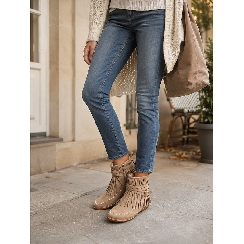 Women’s Fringe Moccasin Ankle Boots Comfortable Western Style 1