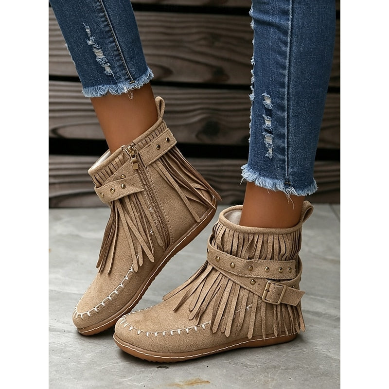 Women’s Fringe Moccasin Ankle Boots Comfortable Western Style 5