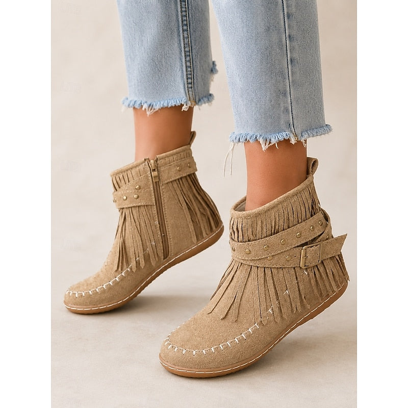 Women’s Fringe Moccasin Ankle Boots Comfortable Western Style 6