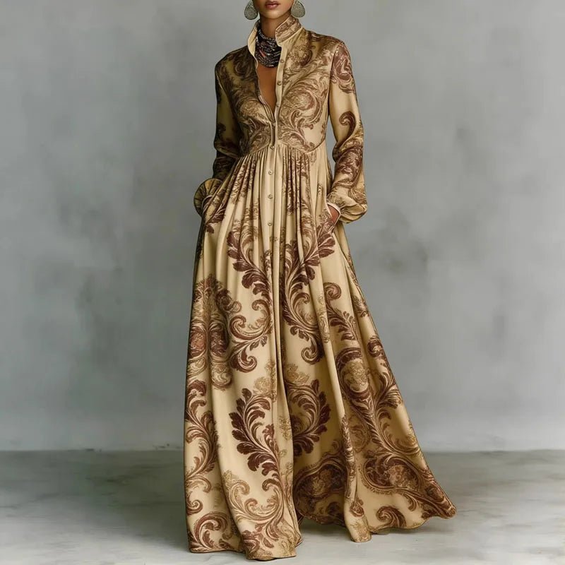 Women’s Geometric Print Maxi Dress High-Waist Long Sleeve Style 0