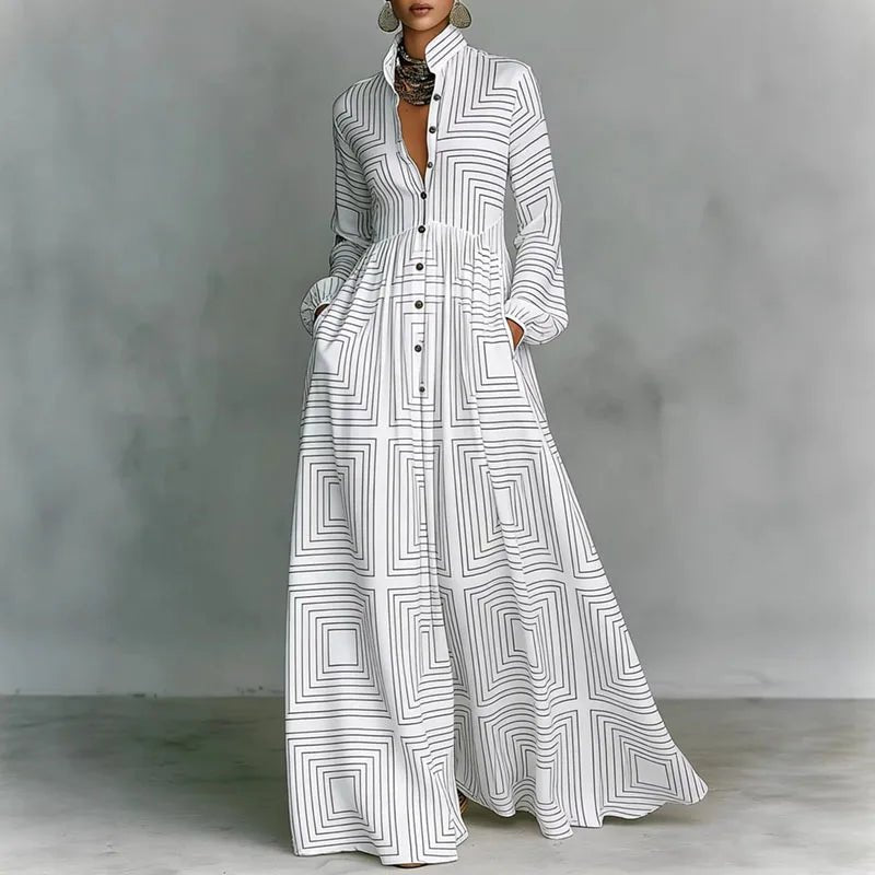 Women’s Geometric Print Maxi Dress High-Waist Long Sleeve Style 1