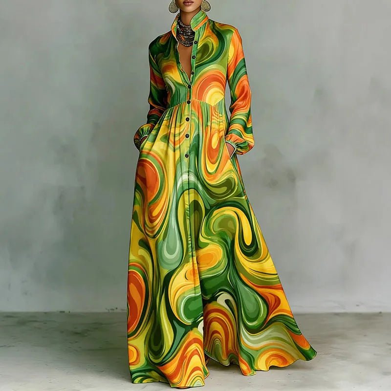 Women’s Geometric Print Maxi Dress High-Waist Long Sleeve Style 3