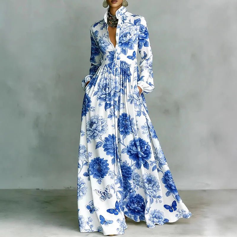 Women’s Geometric Print Maxi Dress High-Waist Long Sleeve Style 4